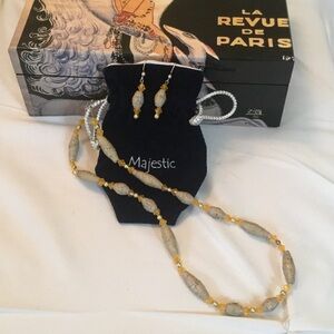 Custom made Beige and Gold Paper-Bead Necklace with Matching Earrings